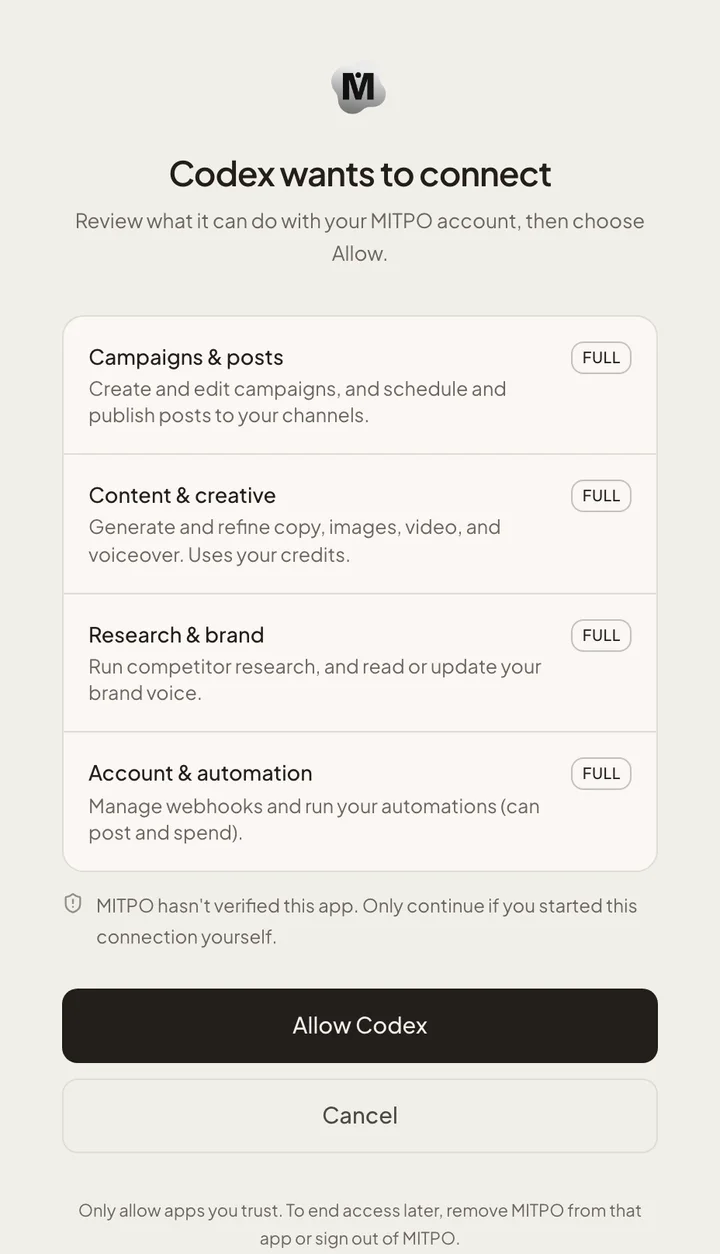 The MITPO allow screen: a tool asks to connect and lists what it can do, with Allow and Cancel buttons.