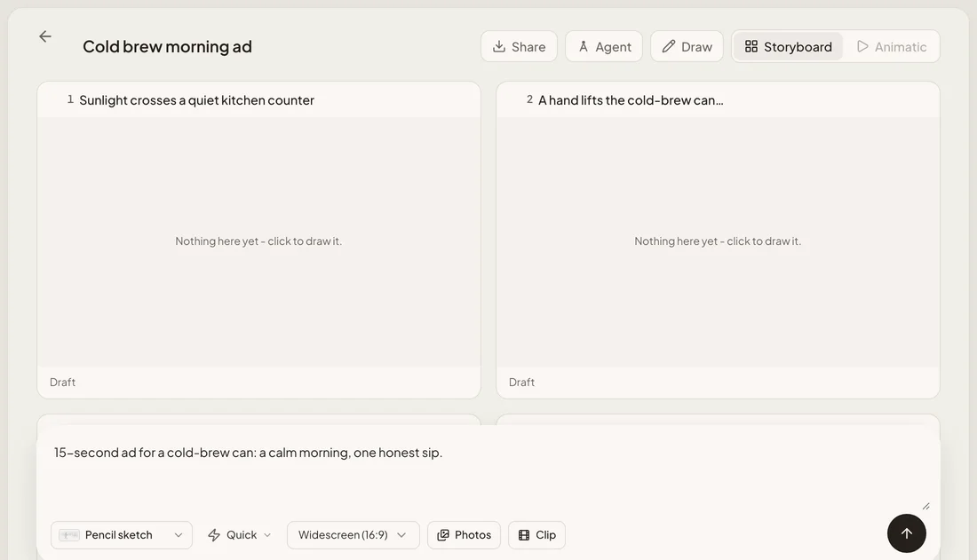 A MITPO storyboard titled Cold brew morning ad with four draft frames and the brief in the prompt bar.